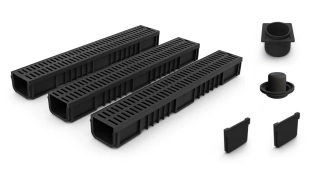 Venkovní odtokový žlab 130×105×1000 mm – set 3 ks + koncovky + spodní odtok DN110 + sifon